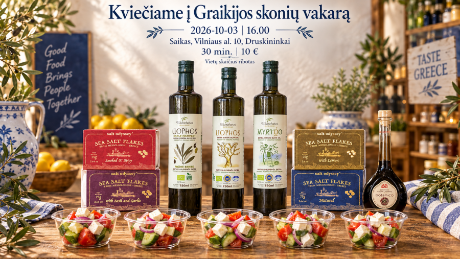 Graikiškų skonių degustacija: Alyvuogių aliejus, druskos dribsniai, balzaminis actas